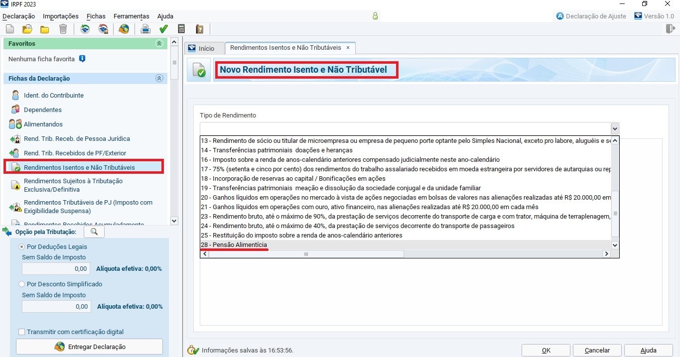 Ficha Rendimentos Isentos e Não TributáveisNesta ficha, devem ser declarados todos os rendimentos isentos de Imposto de Renda. Alguns exemplos são: saque do FGTS, recebimento de seguro-desemprego, de restituição de Imposto de Renda, rendimento de caderneta de poupança. A novidade neste ano é que a pensão alimentícia, antes considerada rendimento tributável, passa a ser rendimento isento e deve ser declarada no código 28.A Receita Federal obriga todos os que receberam rendimentos isentos ou não tributáveis acima de R$ 40 mil a declarar