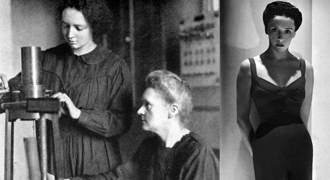 Irene Curie trabalhando junto com a mãe — e, na foto ao lado, sua irmã, Eve Curie