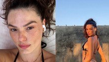 Isis Valverde posa sem maquiagem e de biquíni preto básico em fotos de viagem para a Paraíba