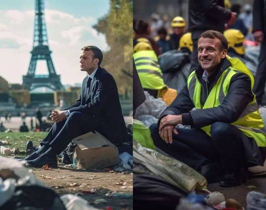 Já o presidente francês Emmanuel Macron também foi alvo, sendo retratado sentado em uma das imagens falsas geradas por IA, com a Torre Eiffel ao fundo e lixo espalhado pelo chão após protestos contra a reforma da previdência no país.