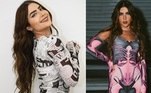 A atriz e influenciadora Jade Picon usou roupas com efeitos de ilusão como a da foto à esquerda, que imita as páginas de um jornal. A peça rosa e cinza usada pela famosa é da grife Artemisi