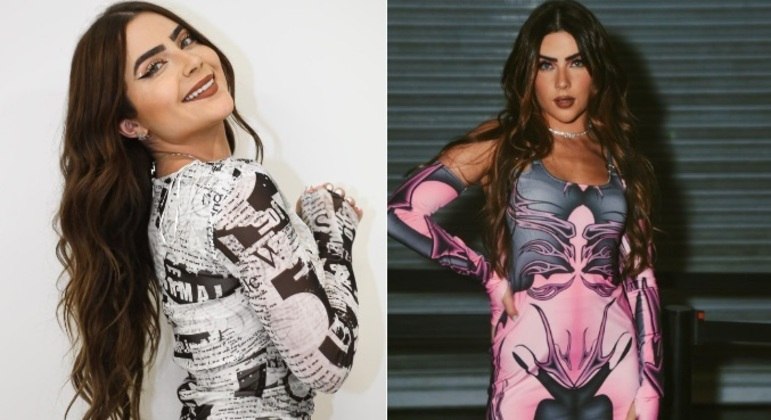 A atriz e influenciadora Jade Picon usou roupas com efeitos de ilusão como a da foto à esquerda, que imita as páginas de um jornal. A peça rosa e cinza usada pela famosa é da grife Artemisi