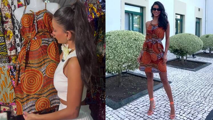 A atriz ainda fez questão de comprar um vestido em capulana, tecido tradicional de Moçambique. Ela usou a mesma sandália para compor o look, mas mudou os acessórios e penteado, o que rendeu um ar despojado e leve 