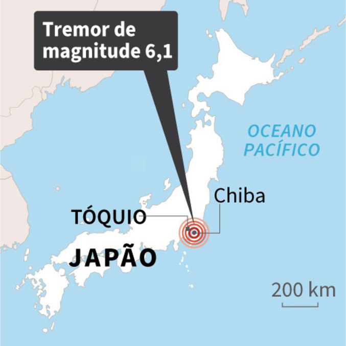 Mapa do Japão localiza o epicentro do terremoto, de magnitude 6,1