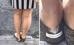 Alguém flagrou uma mulher em Nova York usando uma sapatilha com uma legenda costurada no pé esquerdo, logo abaixo da parte danificada do calçado, que diz 