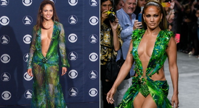 Vestido de J.Lo causou comoção na internet, em 2000 (esquerda) e 2019 (direita)
