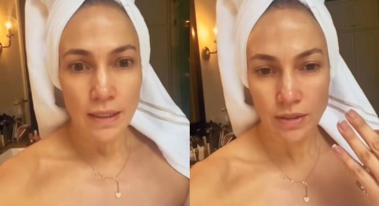 Apenas de toalha e com colar com o nome de Ben Affleck,  Jennifer Lopez falou sobre skincare 