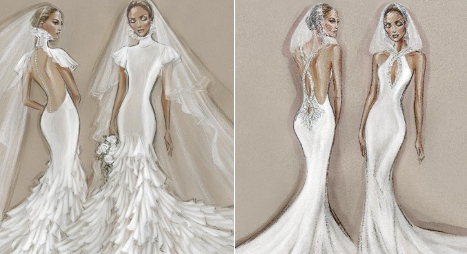 Croquis de dois dos modelos de vestidos usados por J.Lo