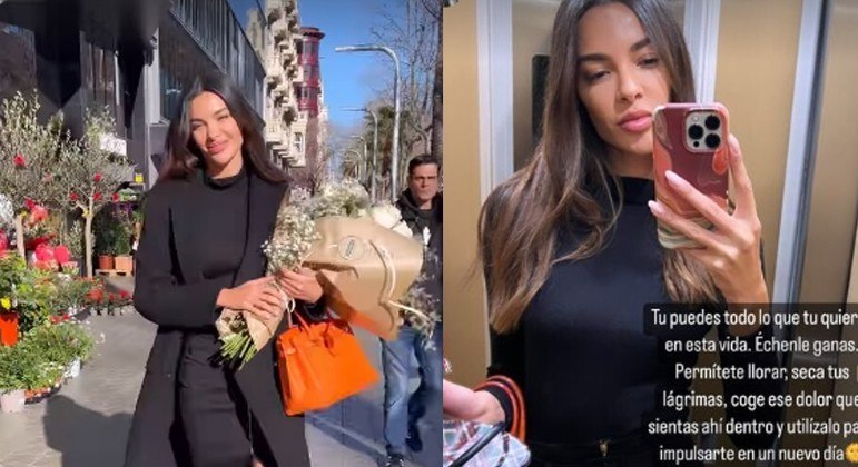 Joana Sanz com o buquê de flores que deu a si mesma e em selfie no elevador