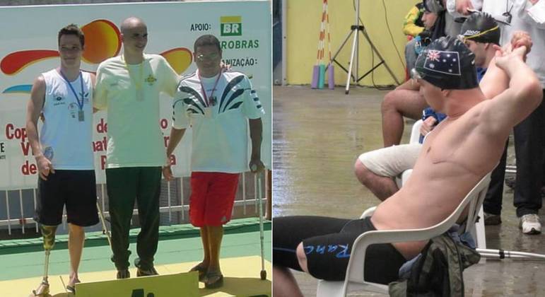 João Saci no Campeonato Brasileiro de Natação paralímpica, em 2002, e após retirar parte do pulmão, em 2010