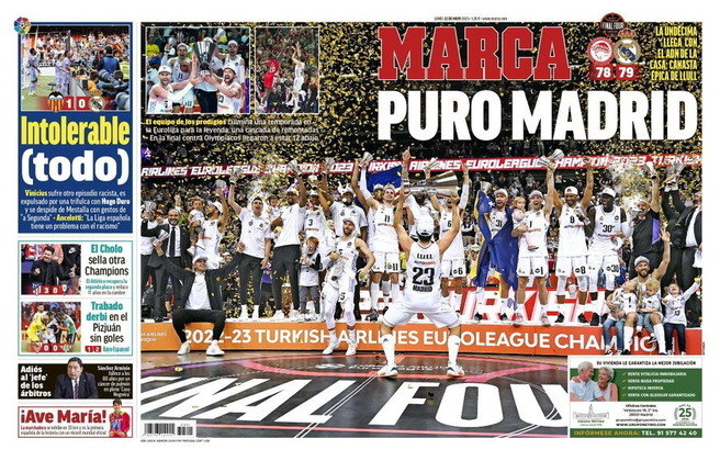 O Marca, mais importante jornal esportivo da Espanha e que cobre, especialmente, os clubes de Madrid, escolheu destacar a conquista do time de basquete do Real Madrid. O caso de racismo sofrido por Vini Jr. se esconde entre resultados de outras partidas no canto esquerdo