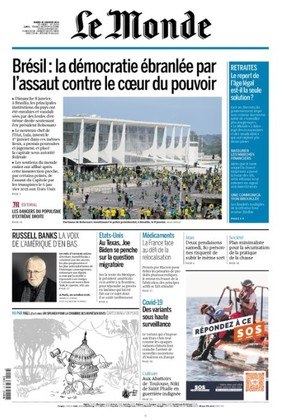 O periódico Le Monde, da França, comentou o impacto da invasão na democracia brasileira. 'Brasil: a democracia abalada com a invasão ao coração do poder'