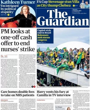 O Guardian, do Reino Unido, foi mais um veículo que comparou os atos antidemocráticos em Brasília aos que aconteceram em Washington. 'Invasão no estilo do Capitólio no Brasil: apoiadores de Bolsonaro atacam Congresso'