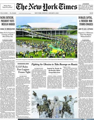 Diversos jornais internacionais, como o New York Times, dos EUA, destacaram na capa de sua edição desta segunda-feira (9) os atos de vandalismo ocorridos no prédio do STF, no Congresso e no Palácio do Planalto, em Brasília, no último domingo (8). Veja a repercussão da invasão ao redor do mundo*Estagiária do R7, sob supervisão de Lucas Ferreira