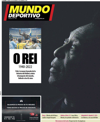 O jornal espanhol Mundo Deportivo escolheu uma foto de Pelé mais velho, em preto e branco, e também optou por reforçar o título dado ao ídolo: 
