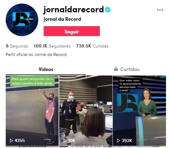 Perfil do Jornal da Record no Tik Tok