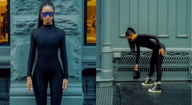 Para a New York Fashion Week, Nalú apostou em um look monocromático preto e óculos escuros bem grandes, à la Kim Kardashian