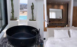 A visita virtual começa pela suíte master. Juliette mostra uma banheira redonda preta e a cama (enorme) do cômodo luxuoso