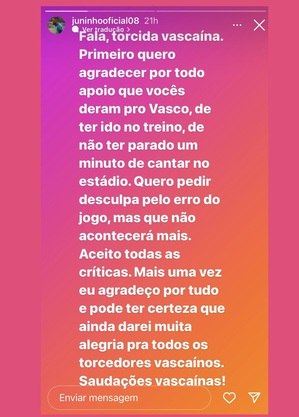 Juninho, em stories no Instagram