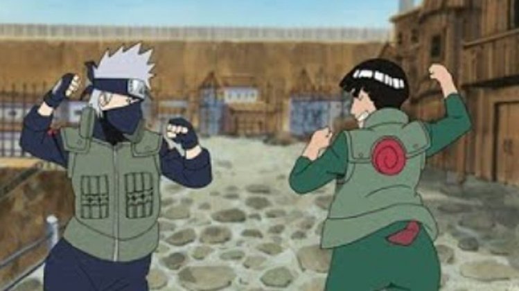 Kakashi vs Maito Gai - Anime: Naruto - Ambos são ninjas do bem, mas sempre houve uma disputa entre eles e não apenas em questão de quem era o mais forte, já que qualquer competição ou brincadeira era visto pelos dois como uma chance de vencer o outro. 
