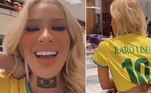 Karoline Lima, que também está no Catar, se divertiu ao mostrar um erro na estampa de sua camisa. A influenciadora tinha pedido para colocarem seu nome de perfil no Instagram estampado nas costas, mas o resultado ficou Karo Linel