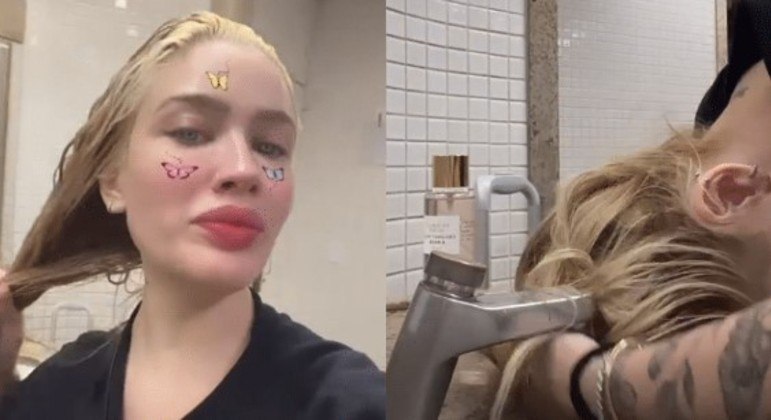 Karoline Lima lava o cabelo na pia do banheiro de aeroporto