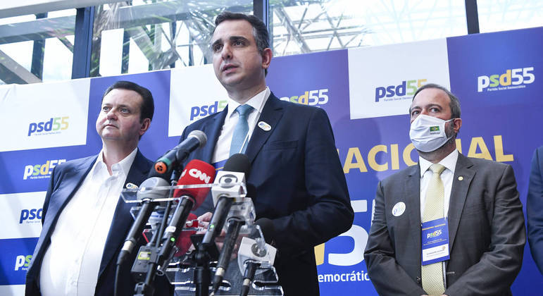 Presidente nacional do PSD, Gilberto Kassab; presidente do Senado, Rodrigo Pacheco (MG), e Alexandre Silveira (MG)
