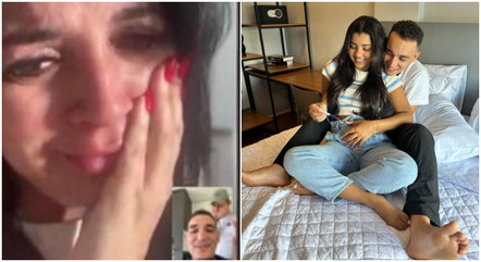 Katia chora ao receber a notícia sobre gravidez de filho e da nora