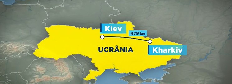 Mapa mostra a distância de Kharkiv até a capital, Kiev