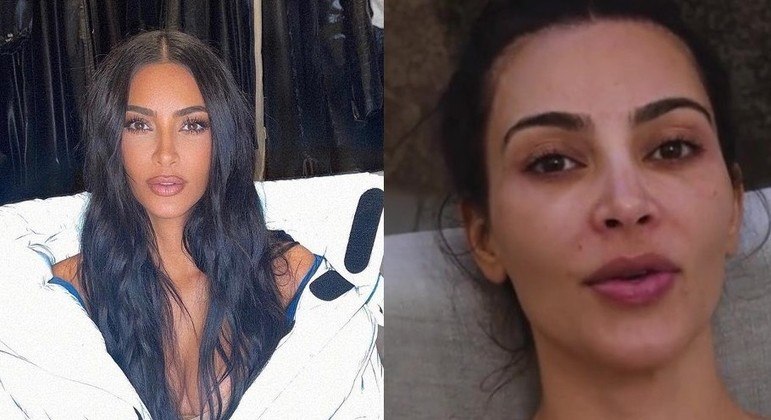 Kim Kardashian com maquiagem e sem maquiagem