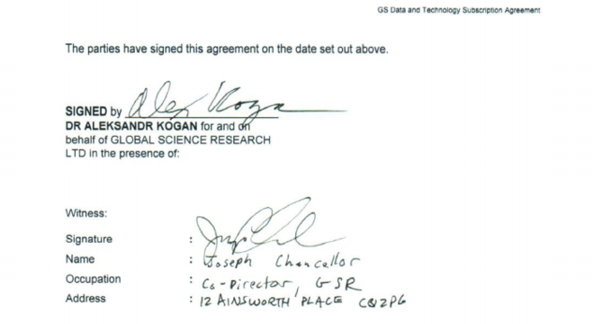 Contrato da Cambridge Analytica com assinatura de Aleksandr Kogan