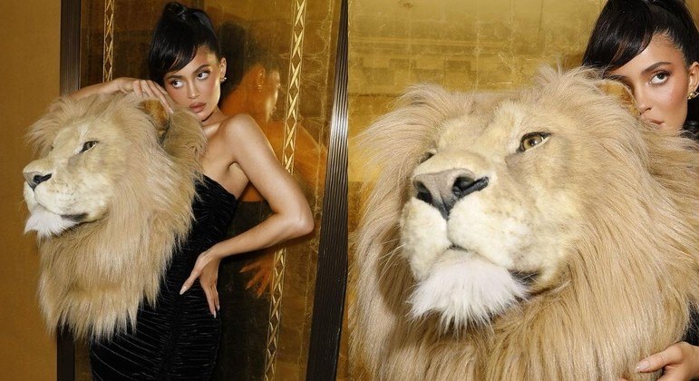 Kylie Jenner usando o vestido enfeitado com uma cabeça falsa de leão