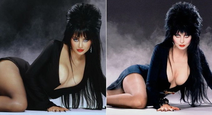 Kylie Jenner fantasiada de Elvira à esquerda e a personagem original à direita