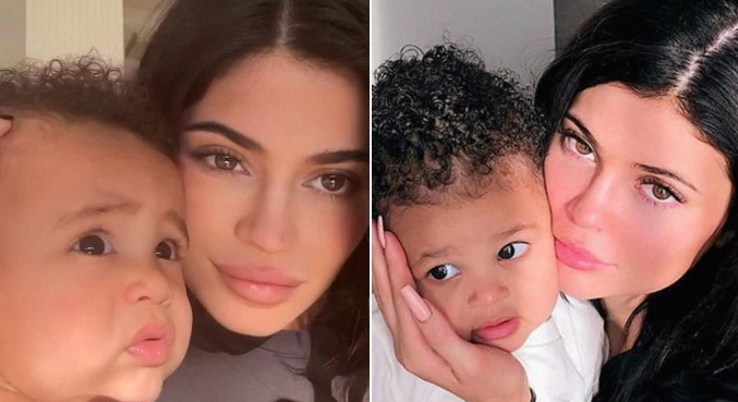 Kylie com Aire na foto à esquerda e com Stormi na foto à direita
