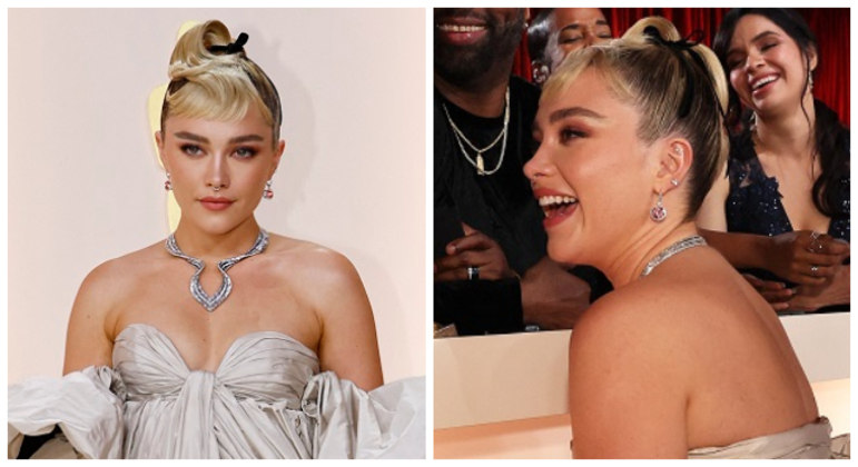 Quem também enfeitou o coque com o acessório foi Florence Pugh. O acessório deu um toque romântico ao vestido de gala da atriz na cerimônia do Oscar 2023