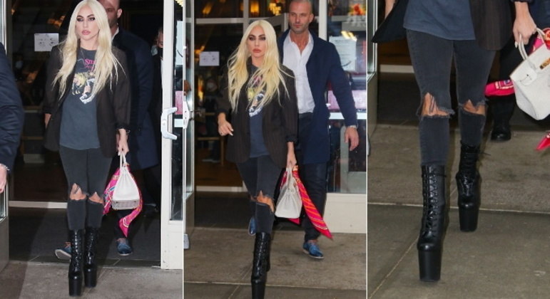 Com um visual mais despojado, Gaga apostou em uma pegada de roqueira, com sapatos de salto bem grandes para uma sessão de perguntas sobre o filme, em Nova York