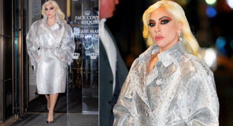 Em Nova York, sua cidade natal, Gaga foi fotografada a caminho do programa de Stephen Colbert com este look metálico da Lanvin 