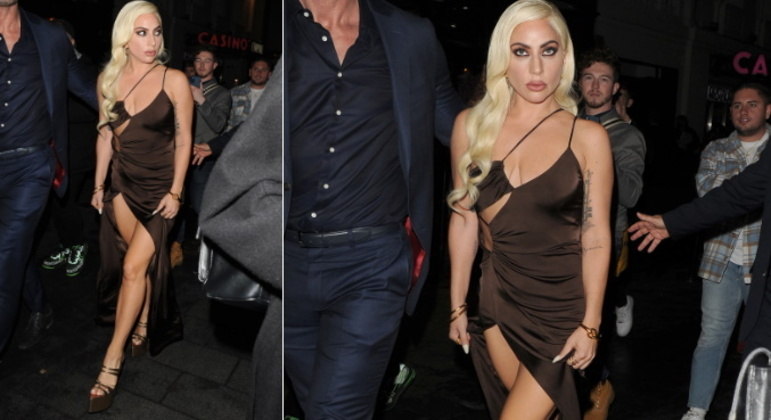 Em outra exibição de Casa Gucci em Londres, Gaga escolheu um vestido assimétrico com toque mais sensual, da grife Et Ochs 