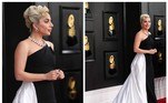 Já a cantora Lady Gaga manteve o estilo clássico e apostou em um vestido longo nas cores preto e branco