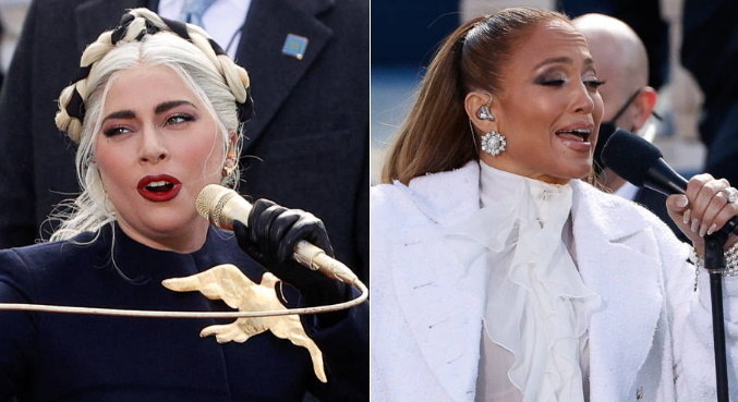 Lady Gaga e Jennifer Lopez se apresentando na posse de Joe Biden nos EUA