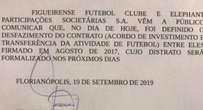 Nota oficial divulgada pela diretoria do Figueirense