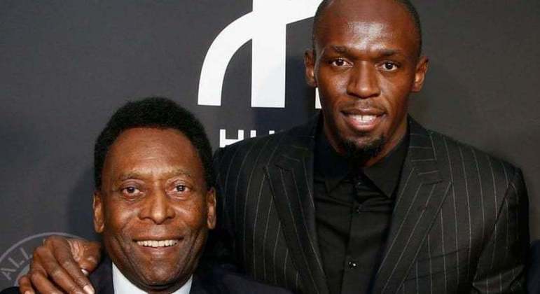Pelé e Usain Bolt em evento com patrocinadores