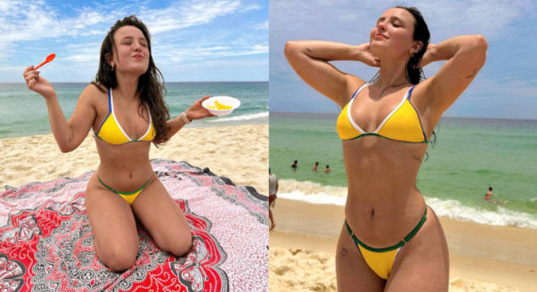 Larissa Manoela fez um passeio por uma praia do Rio de Janeiro com as amigas e o namorado e também quis homenagear o país com o verde e amarelo e detalhes em azul, antes do início da Copa. 