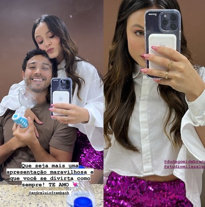 Indo na contra-mão dos looks acima, Larissa Manoela fez da parte de baixo de seu figurino o destaque. A atriz investiu em uma saia de patês rosa para prestigiar o noivo, André Luiz Frambach, na apresentação da peça O Amor Passou por Aqui