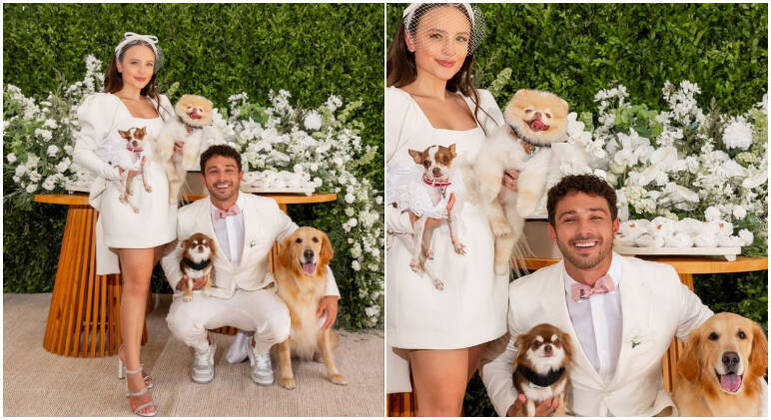 Larissa Manoela e André Luiz Frambach posam com os cachorros no casamento