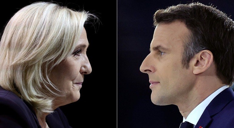 A candidata de extrema-direita Marine Le Pen e o presidente francês Emmanuel Macron