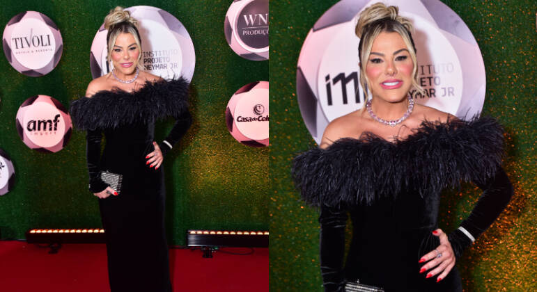 Poliana Rocha, que também apresentou um dos prêmios, elegeu um look de mangas longas preto com decote de plumas. A esposa do cantor Leonardo optou por usar o cabelo preso em um coque alto, com a franja solta