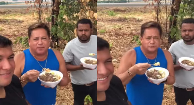 Leonardo aparece comendo marmita na estrada

