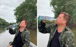 Se a maré não está pra peixe, Leonardo se diverte bebendo direto no gargalo