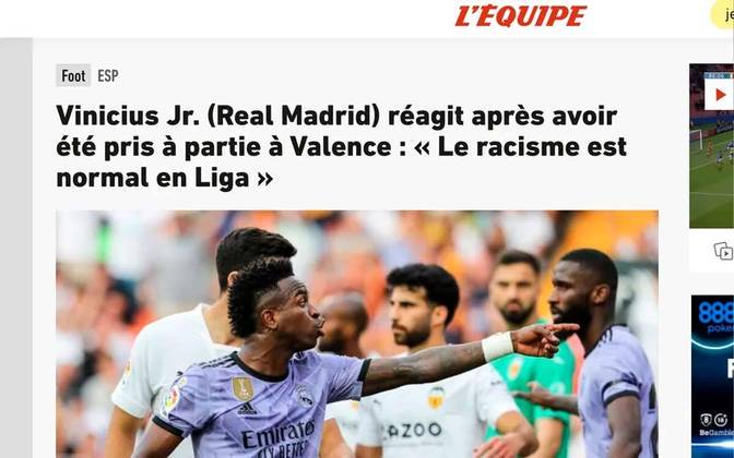 'L'equipe' - O jornal francês também destacou a mesma frase de Vini Jr. nas redes: 